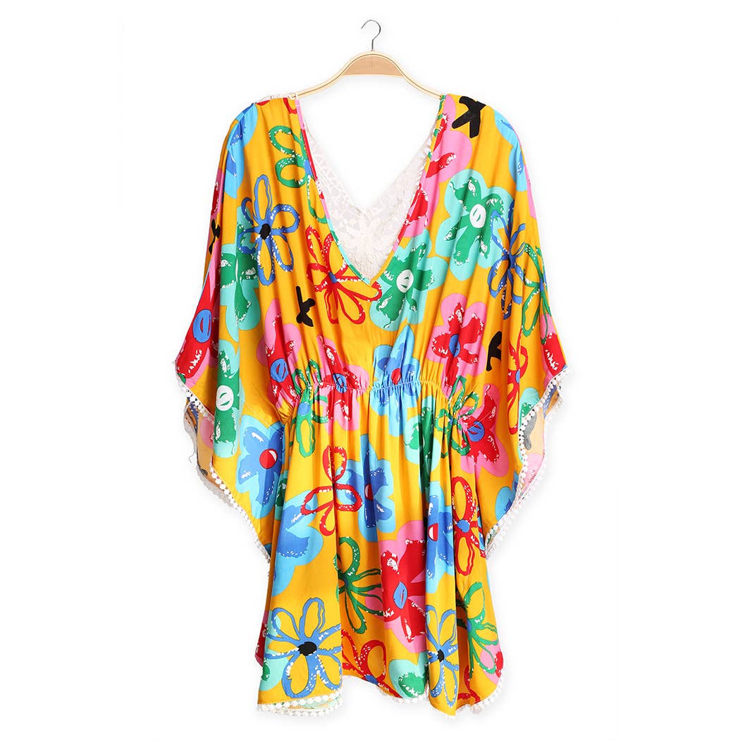 Bright Color Flowers Print Lace Back V-Neck Dress