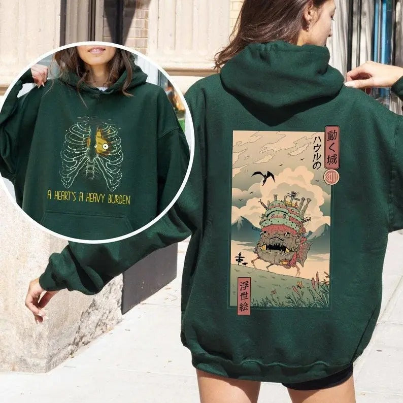 A Heart's A Heavy Burden 2 Sided Hoodie, Sweatshirt, T-shirt, Howls Moving Castle Tee, Studio Ghibli, Anime