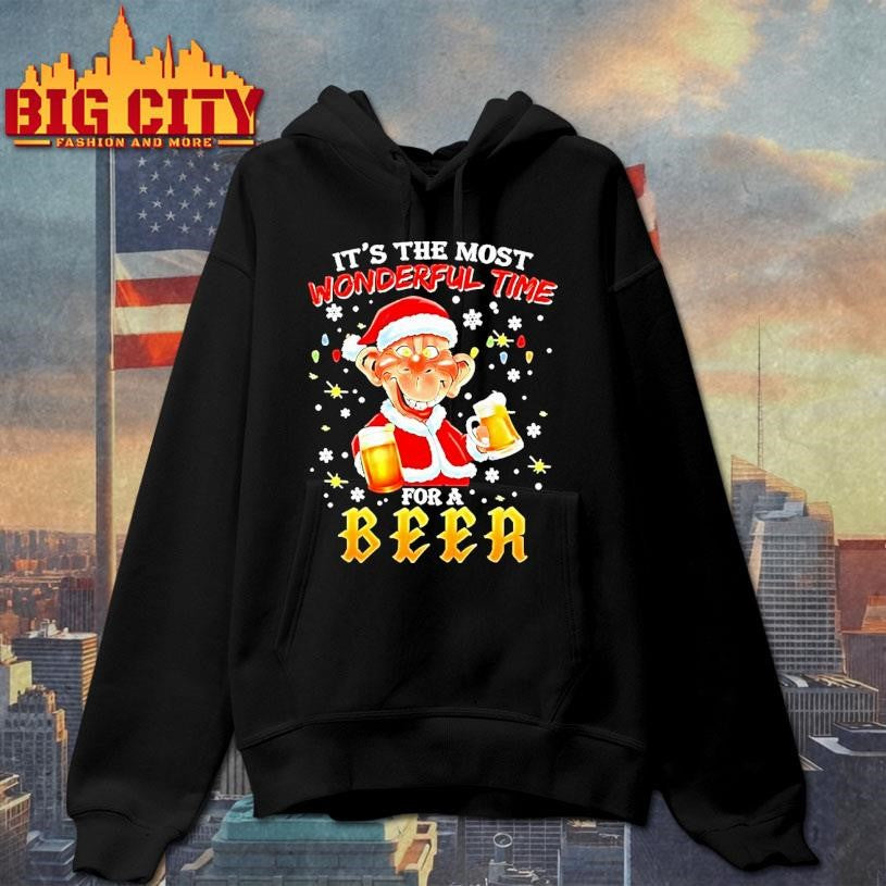 A Man Holding A Glass Of Two Beer Santa Suit Its The Most Wonderful Time For A Beer Shirt