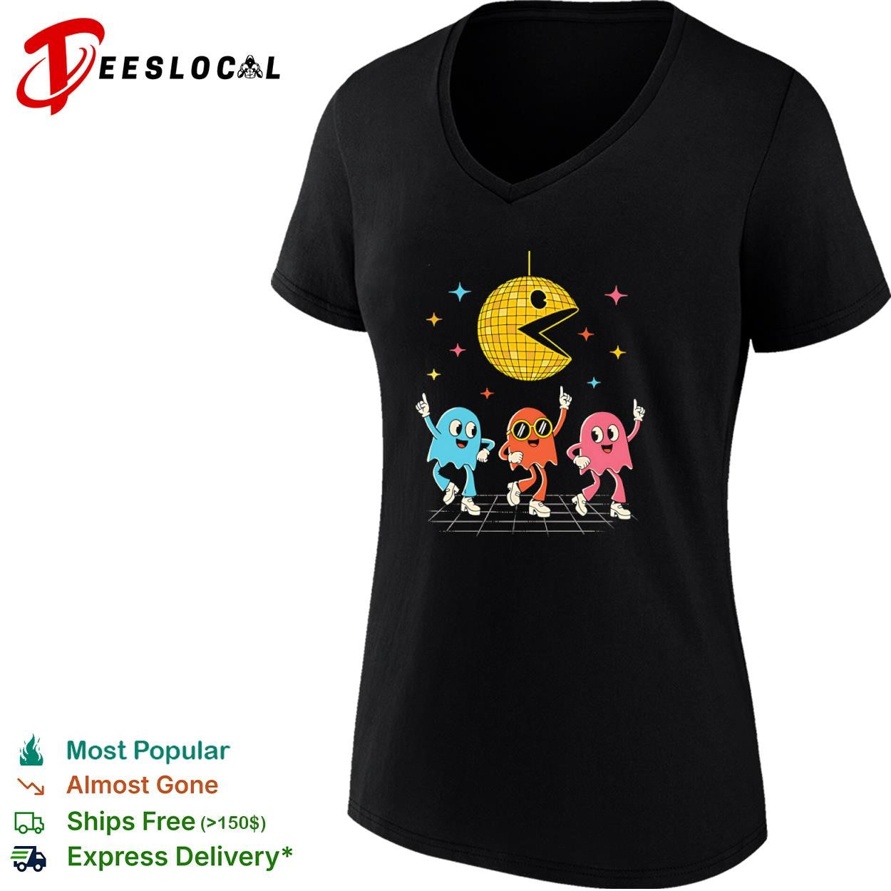 A Pac-Man disco ball and dancing ghosts shirt