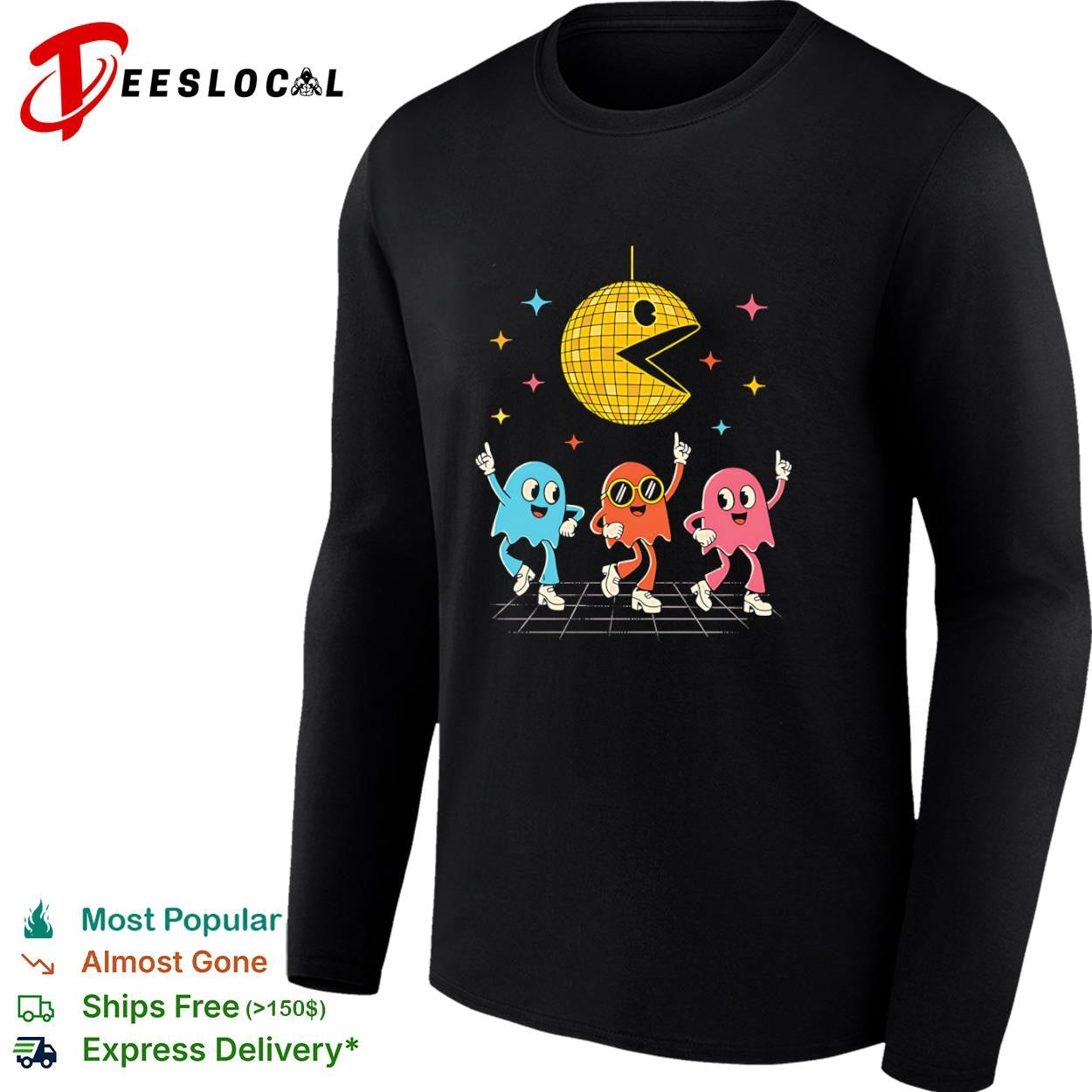 A Pac-Man disco ball and dancing ghosts shirt