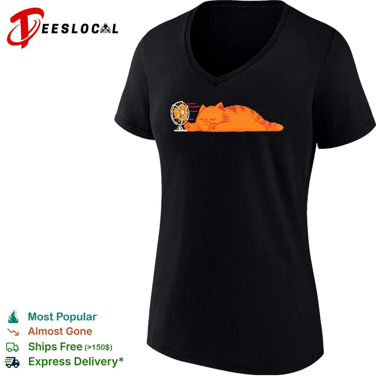 A cat lying in front of a fan shirt