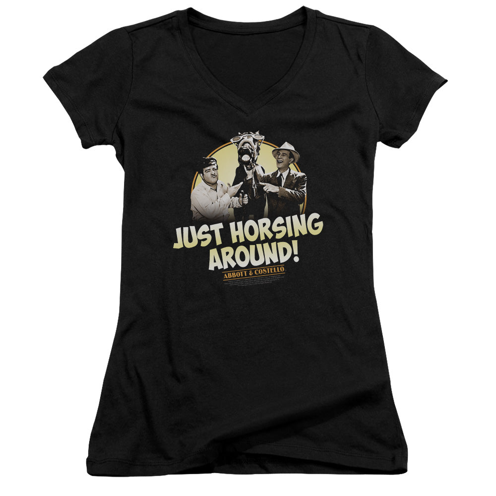 Abbott & Costello Horsing Around Junior Sheer Cap Sleeve V-Neck Womens T Shirt Black Hoodie, Sweatshirt | CiraTrend.com
