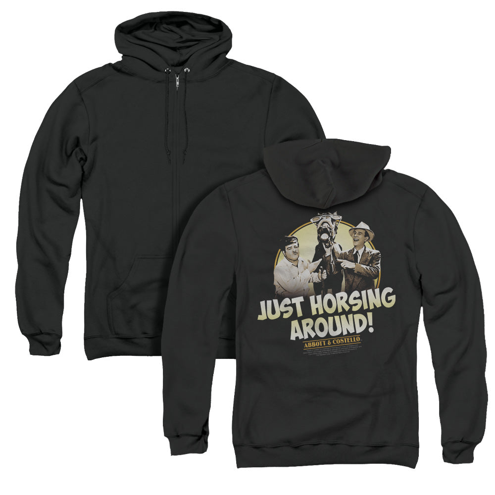 Abbott & Costello Horsing Around Back Print Zipper Mens Hoodie Black T-Shirts, Sweatshirt | CiraTrend.com