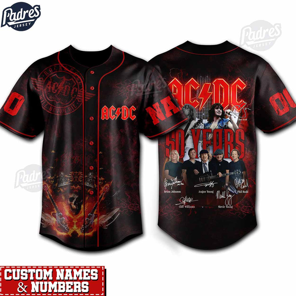 ACDC 50 Years Anniversary Custom Baseball Jersey - Padres Jersey Oasis: Elevate Your Baseball Style Game