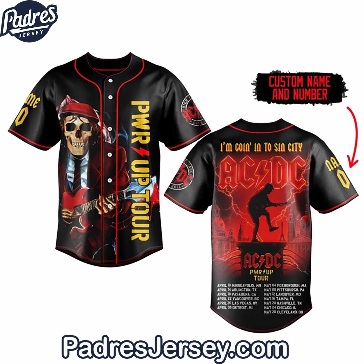 ACDC PWR UP Tour Baseball Jersey Outfit - Custom Name - Padres Jersey Oasis: Elevate Your Baseball Style Game