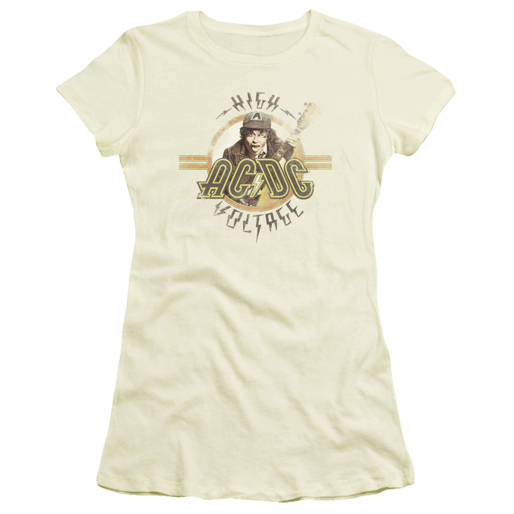AC/DC High Voltage Junior Sheer Cap Sleeve Womens T Shirt Cream Hoodie, Sweatshirt | CiraTrend.com