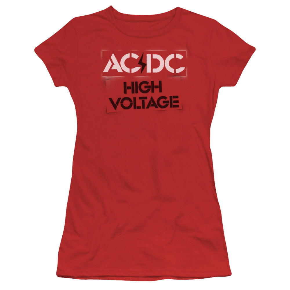 AC/DC High Voltage Stencil Junior Sheer Cap Sleeve Womens T Shirt Red Hoodie, Sweatshirt | CiraTrend.com