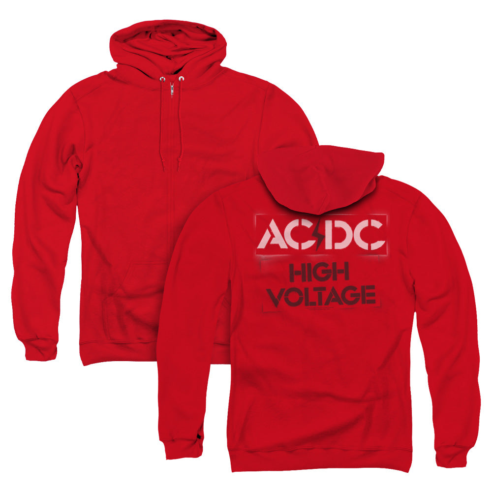 AC/DC High Voltage Stencil Back Print Zipper Mens Hoodie Red T-Shirts, Sweatshirt | CiraTrend.com (Image 1)