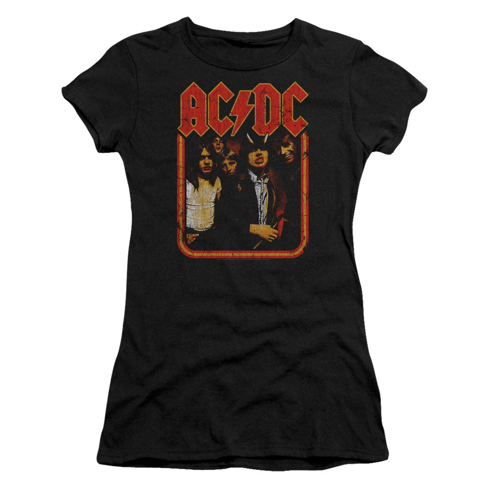 AC/DC Group Distressed Junior Sheer Cap Sleeve Womens T Shirt Black Hoodie, Sweatshirt | CiraTrend.com
