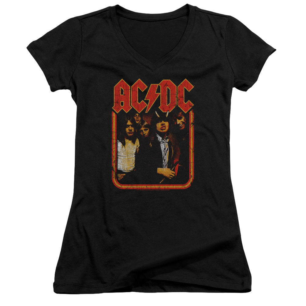 AC/DC Group Distressed Junior Sheer Cap Sleeve V-Neck Womens T Shirt Black Hoodie, Sweatshirt | CiraTrend.com