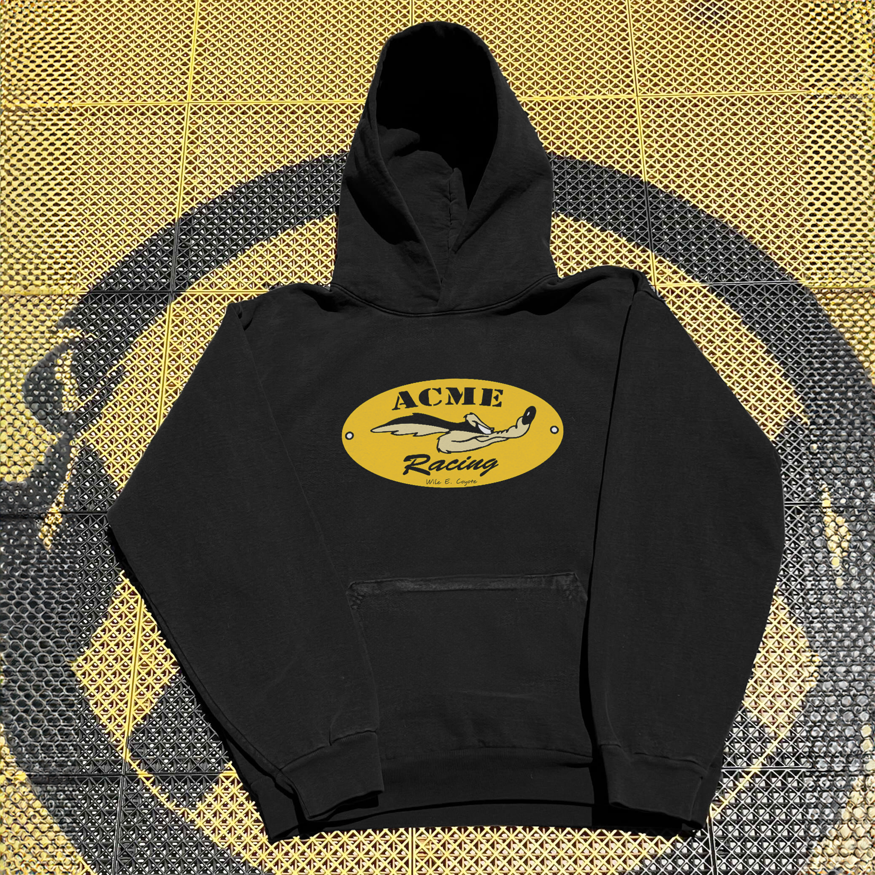 90s 'ACME RACING' BLACK FLEECE HOODIE T-Shirts, Sweatshirt | CiraTrend.com (Image 1)