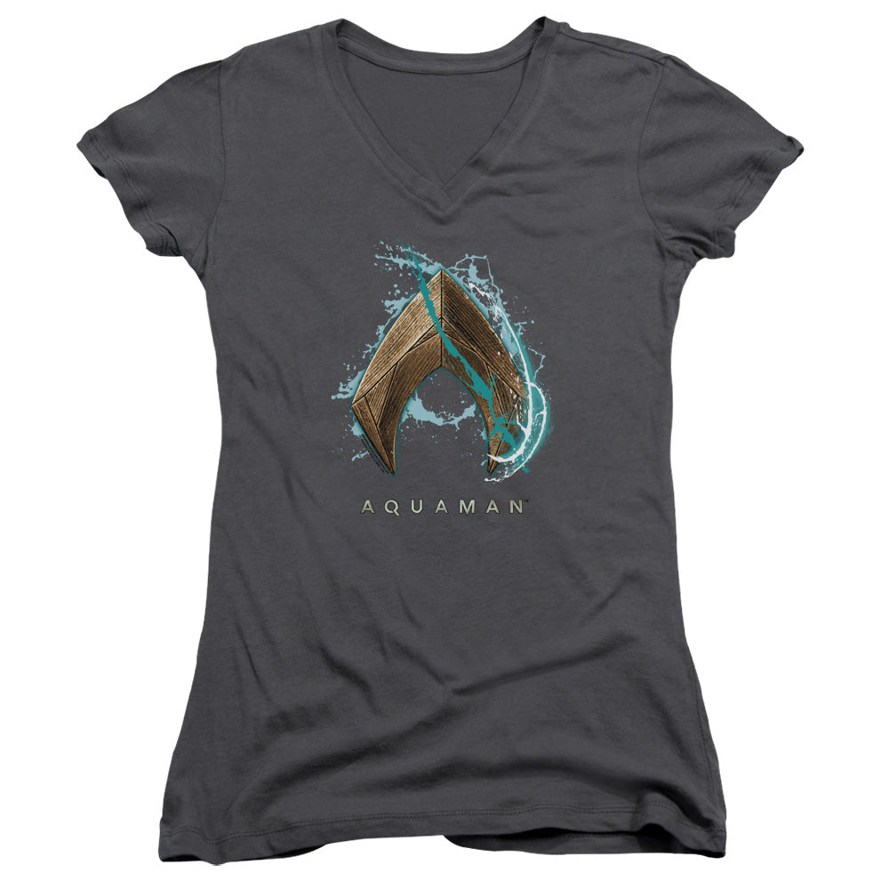 Aquaman Movie Water Shield Junior Sheer Cap Sleeve V-Neck Womens T Shirt Charcoal Hoodie, Sweatshirt | CiraTrend.com