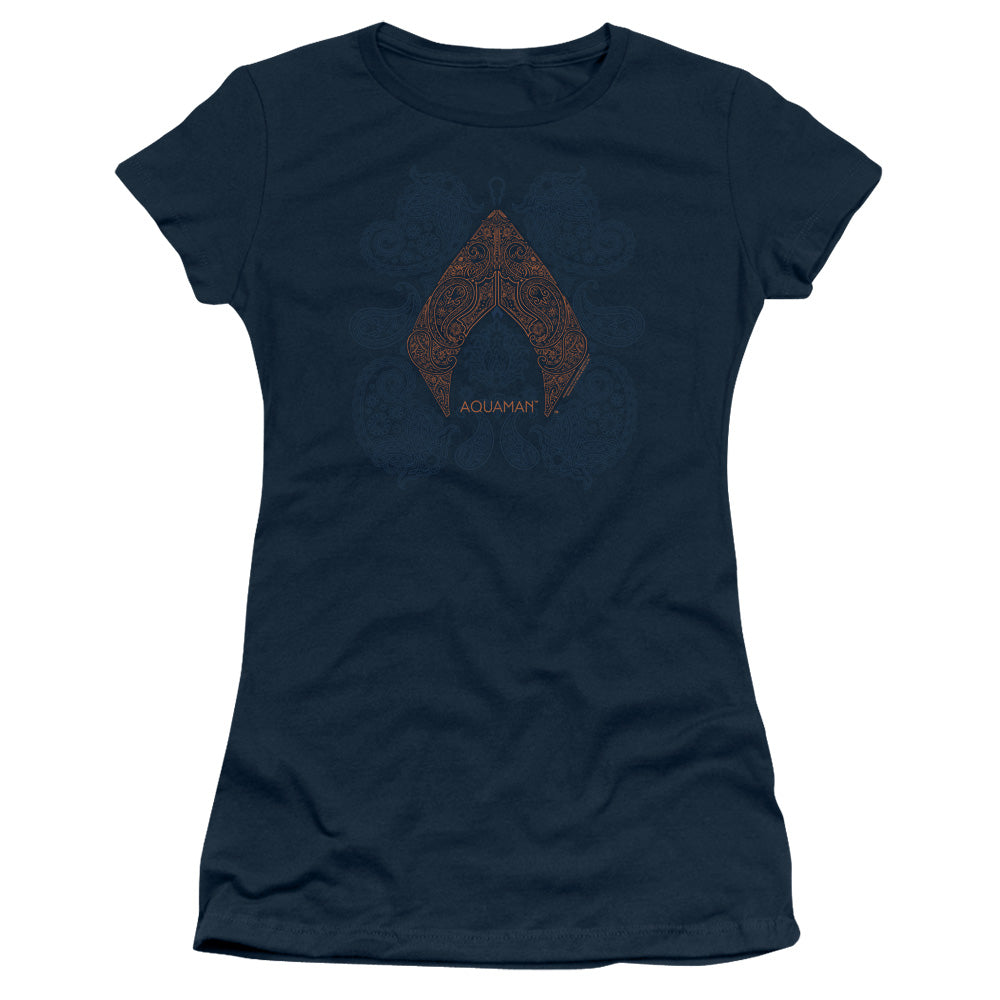Aquaman Movie Aqua Paisley Junior Sheer Cap Sleeve Womens T Shirt Navy Blue Hoodie, Sweatshirt | CiraTrend.com