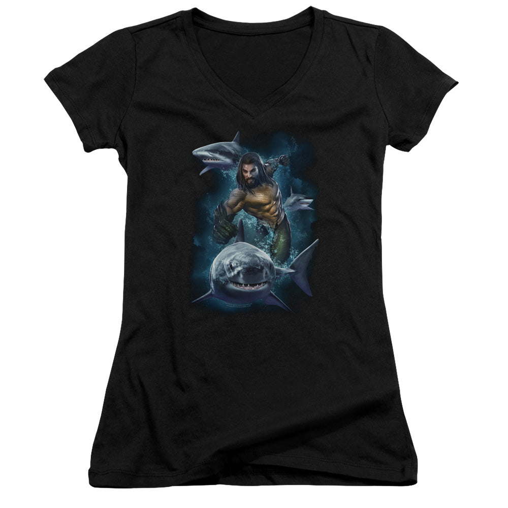 Aquaman Movie Swimming With Sharks Junior Sheer Cap Sleeve V-Neck Womens T Shirt Black Hoodie, Sweatshirt | CiraTrend.com