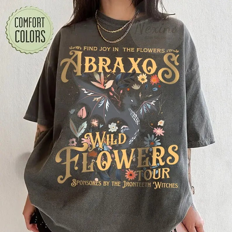 Abraxos Flower T-Shirt, Fantasy Dragon Bookish Shirt, Boho Wildflowers Cottagecore Shirt, Fantasy Book Lover Shirt, Book Gift