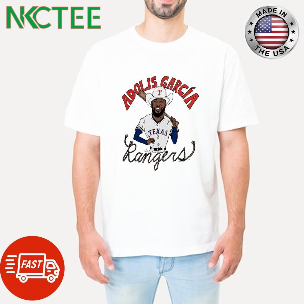Adolis García cowboy hat bat on shoulder Texas Rangers caricature shirt