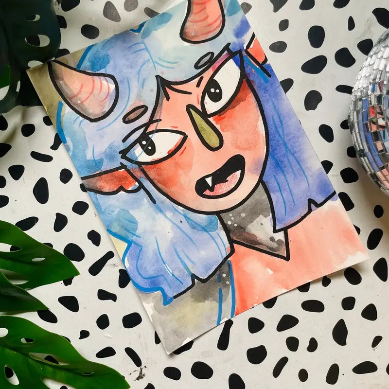 Adopt an Orc Girl, 5x7 inch original watercolor and ink painting