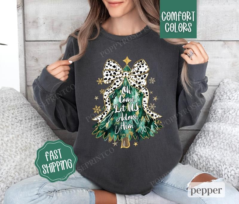 Adore Him Christmas Sweatshirt Comfort Colors,  Religious Christmas Sweater Womenswear,  Holiday Crewneck
