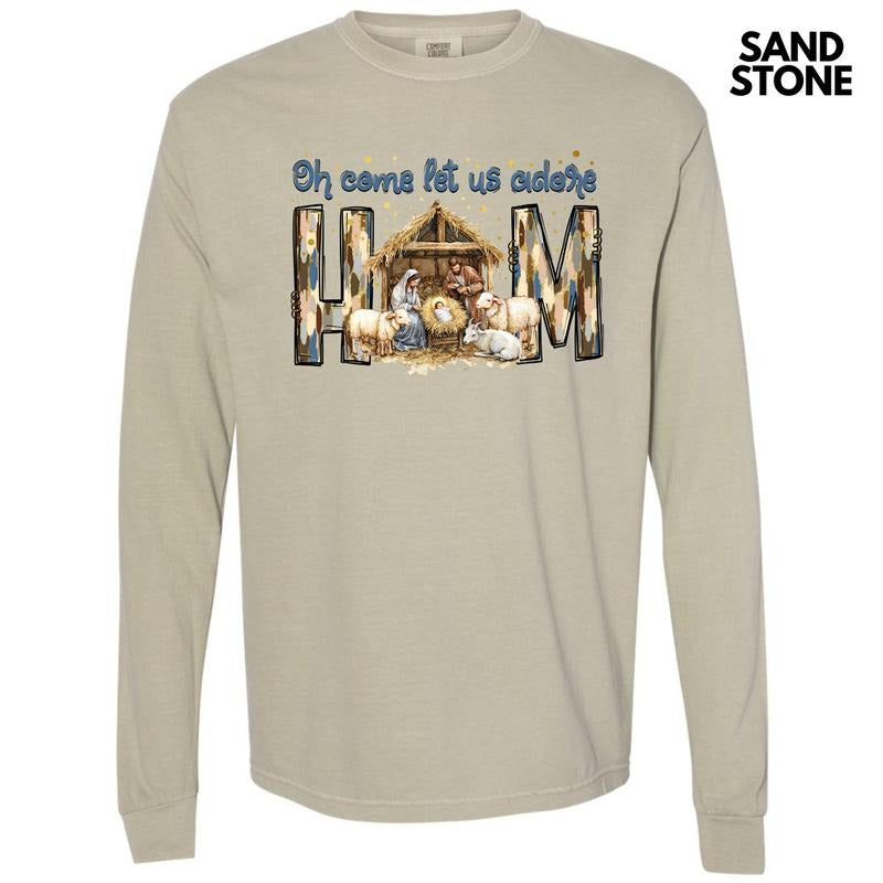 Adore Him Nativity Scene Long Sleeve Comfort Colors T-Shirt 'NLB' Hoodie, Sweatshirt | CiraTrend.com