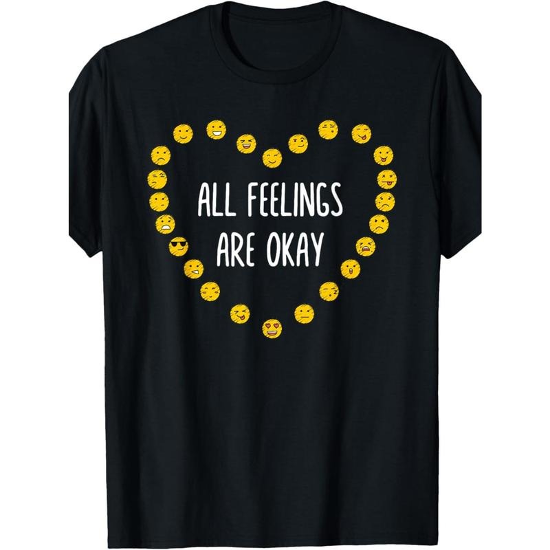 "All Feelings Are Okay Mental Health Awareness Cotton T-Shirt for  - Black with Colorful Emoticon Heart Design, Loose Fit, Short Sleeve, Casual & Comfortable for Casual Attire", Everyday Comfort Wear | Heart Design Shirt | Glossy Finish Shirt