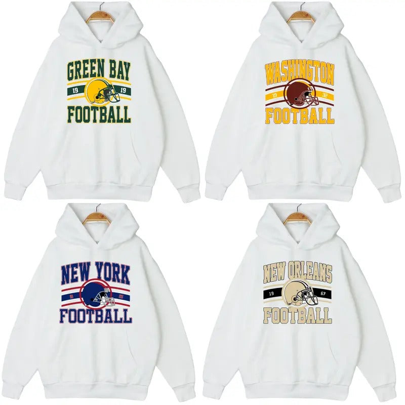 All Teams Football White Hoodie, Big Name City Graphic Tee, Football Hoodie, Cotton Long Sleeve Outfits For Men & Women...