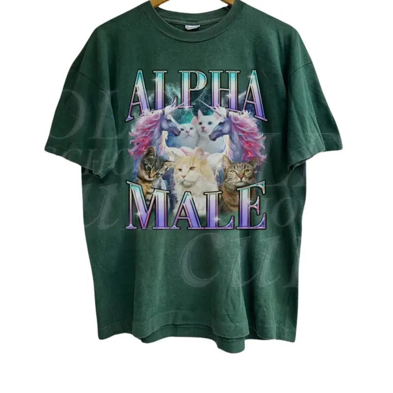 Alpha Male Unicorn Cat Ironic Vintage 90s T-Shirt, Retro Funny Rainbow Unisex Tshirt,, Funny Weird Meme Shirt, Funny Cat...