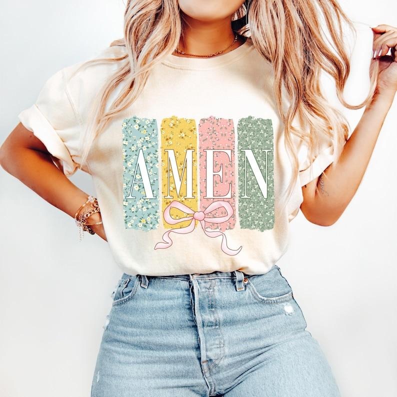 Amen Coquette Bow, Christian Easter, Bible Verse, Floral Spring, He is Risen Tshirt Hoodie, Sweatshirt | CiraTrend.com