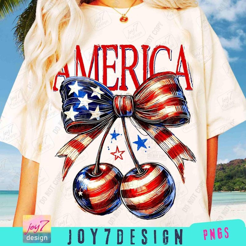 America Cherry Coquette Bow T-shirt, Trendy Girly 4th of July T-shirt, Retro Fourth of July Coquette America Cherries...