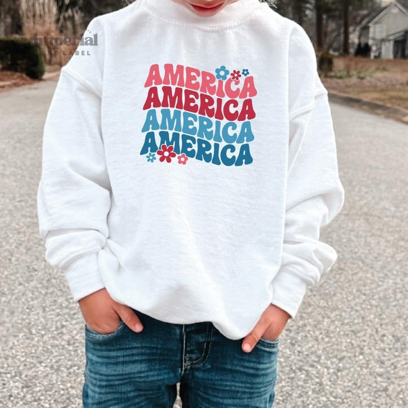 America Youth Sweatshirt and Kid's Comfort Colors T-Shirt, Patriotic Youth Crewneck, 4th of July Kids Pullover, Cozy USA...