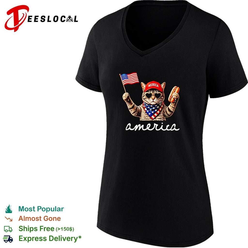 America patriotic cat holding hot dog and flag shirt
