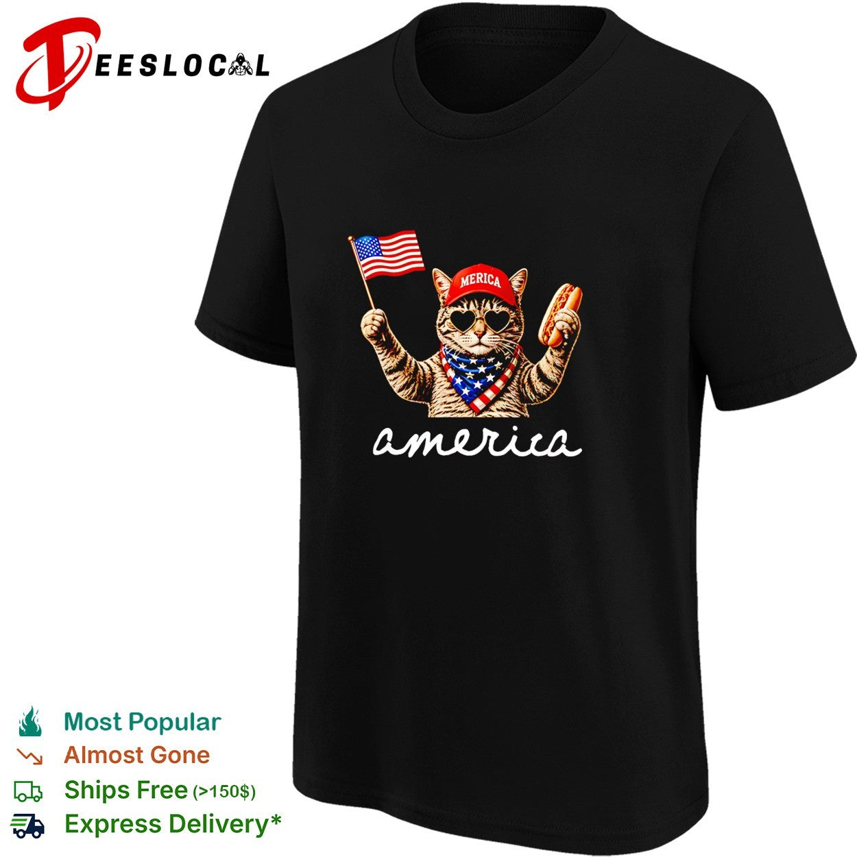 America patriotic cat holding hot dog and flag shirt