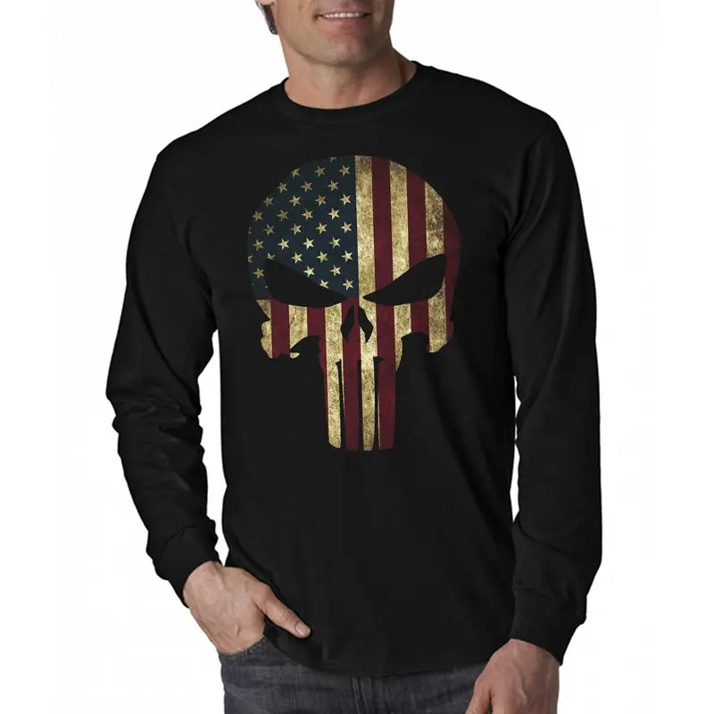 American Flag Patriotic Skull Tactical Long Sleeve Men's T-Shirt Hoodie, Sweatshirt | CiraTrend.com