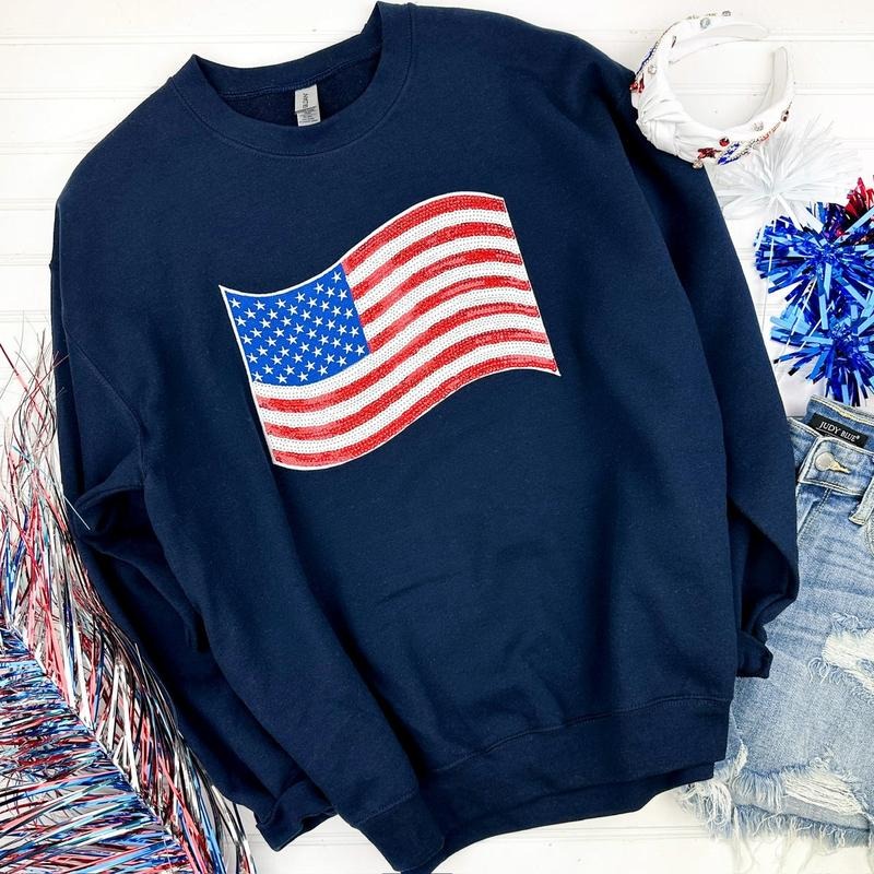 American Flag Sequin Patch Sweatshirt -- NAVY T-Shirts, Hoodie | CiraTrend.com