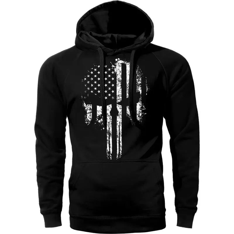 American Flag Skull Hoodie Sweatshirt - Black Cotton with Hood, Front Pocket, and Skull Print Design T-Shirts | CiraTrend.com