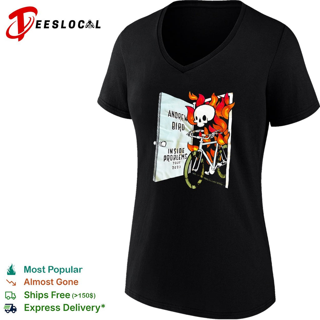 Andrew Bird Inside Problems Tour 2023 skeleton riding bicycle in flames shirt