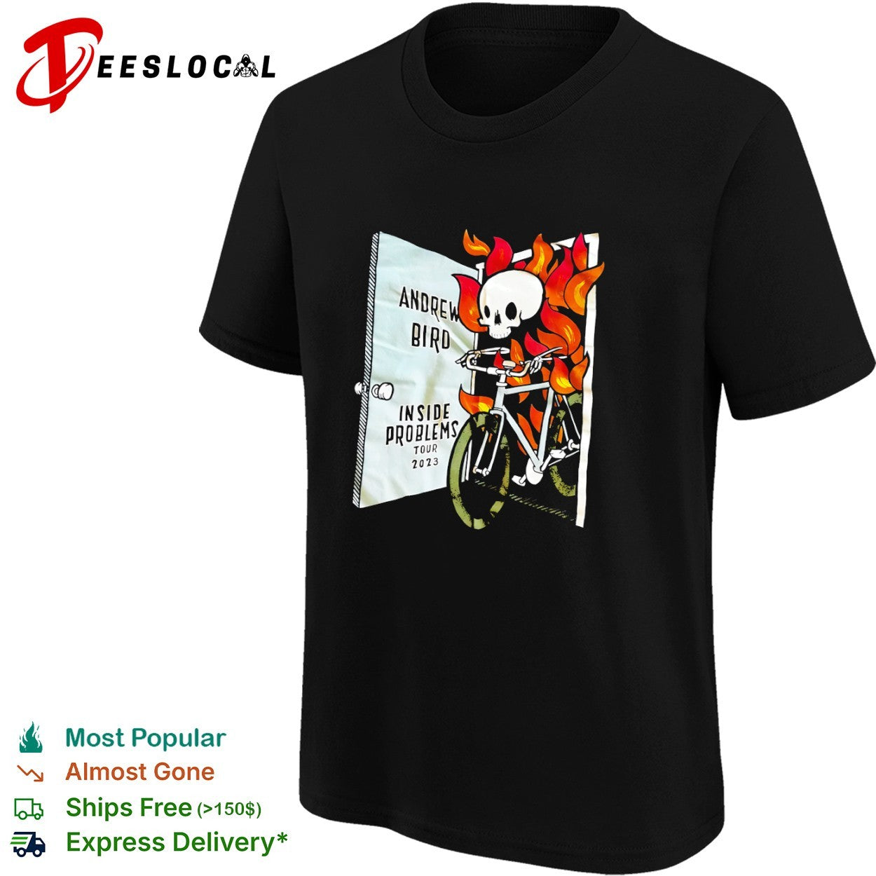 Andrew Bird Inside Problems Tour 2023 skeleton riding bicycle in flames shirt