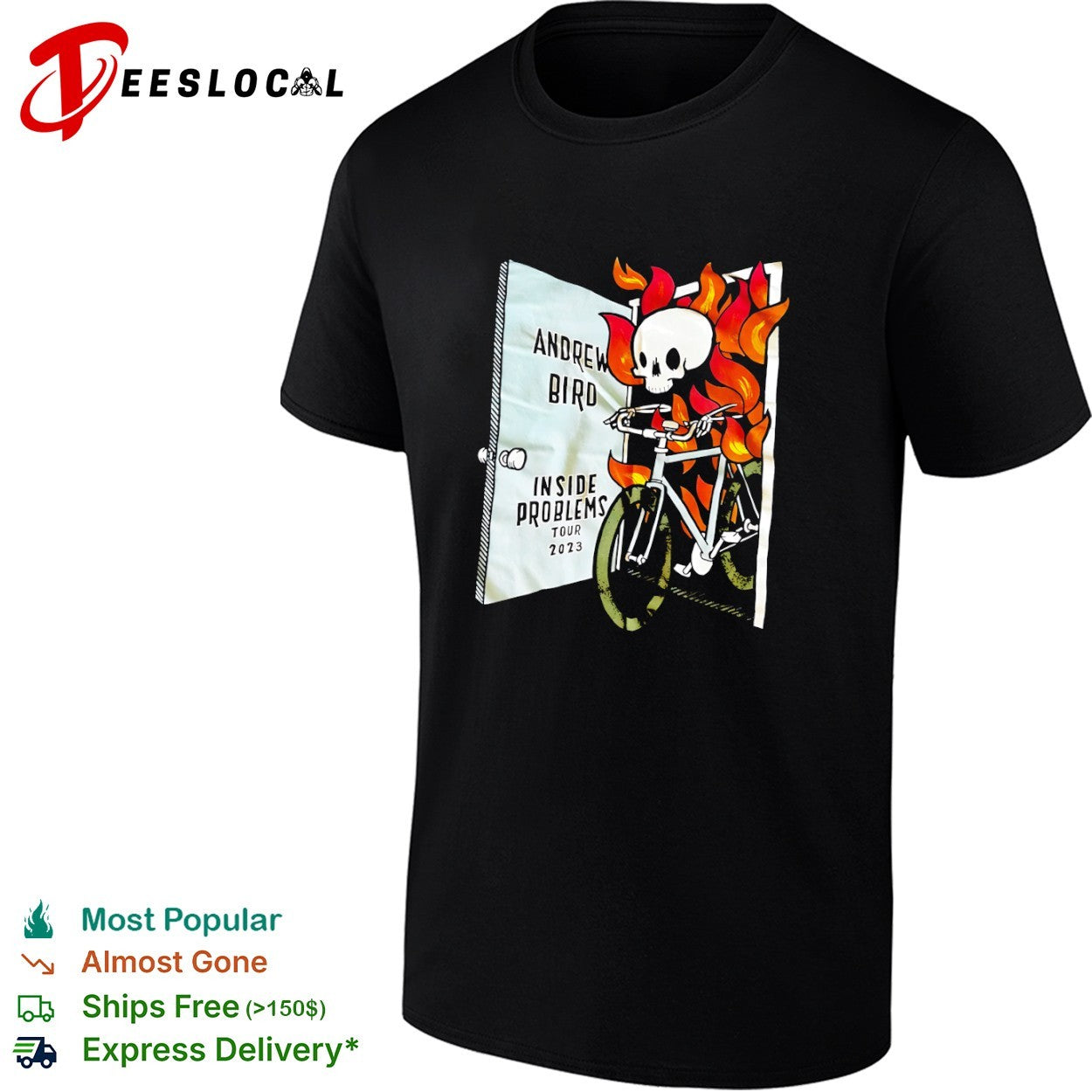 Andrew Bird Inside Problems Tour 2023 skeleton riding bicycle in flames shirt