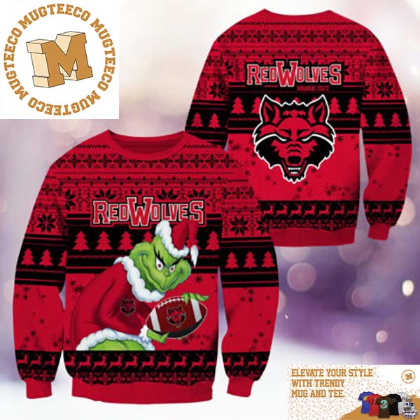 Arkansas State Red Wolves NCAA Grinch Funny Xmas 2023 Gift For Holiday Ugly Christmas Sweater