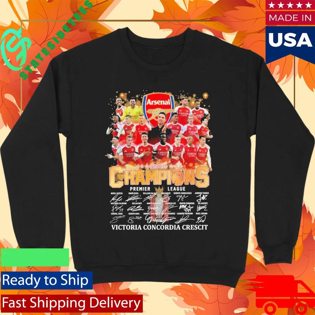 Arsenal Champions 2026 Victoria Concordia Crescit Signatures Shirt