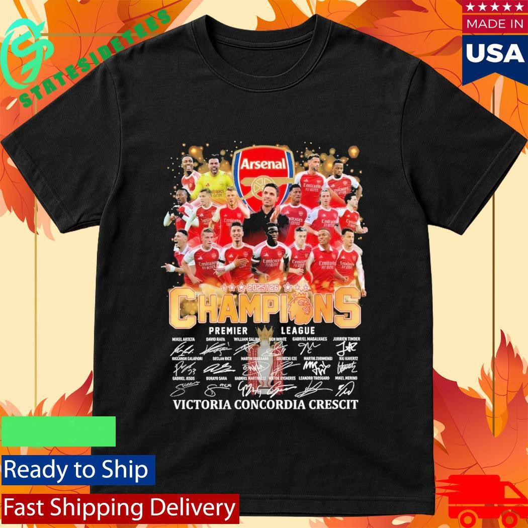 Arsenal Champions 2026 Victoria Concordia Crescit Signatures Shirt