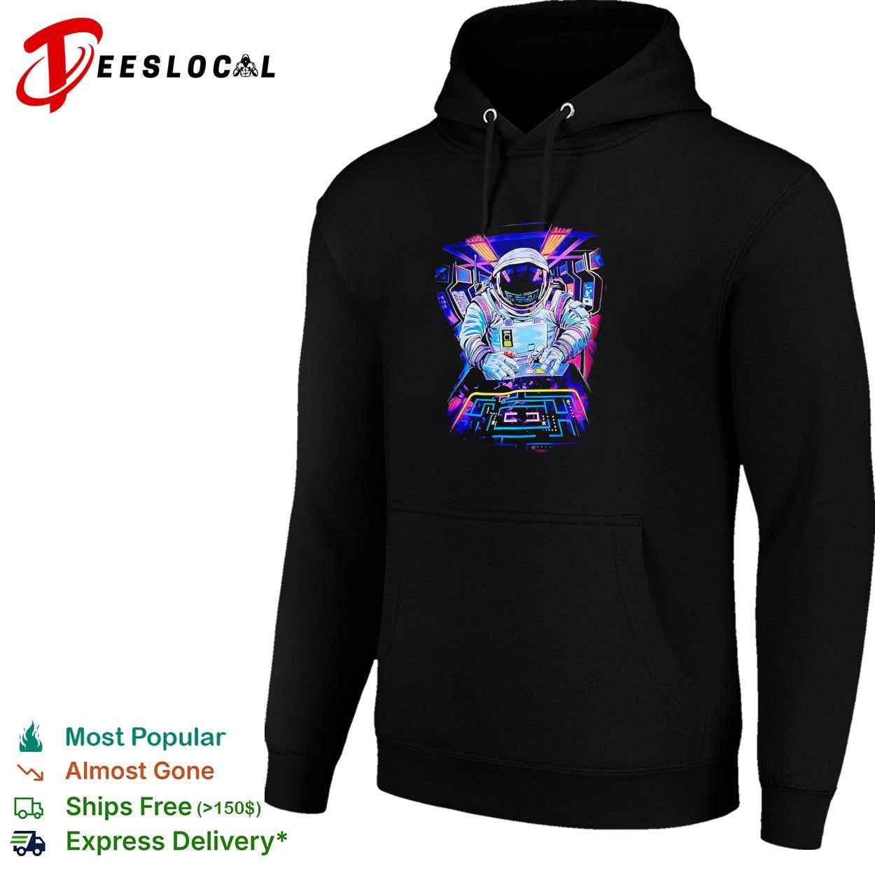 Astronaut playing arcade game neon shirt