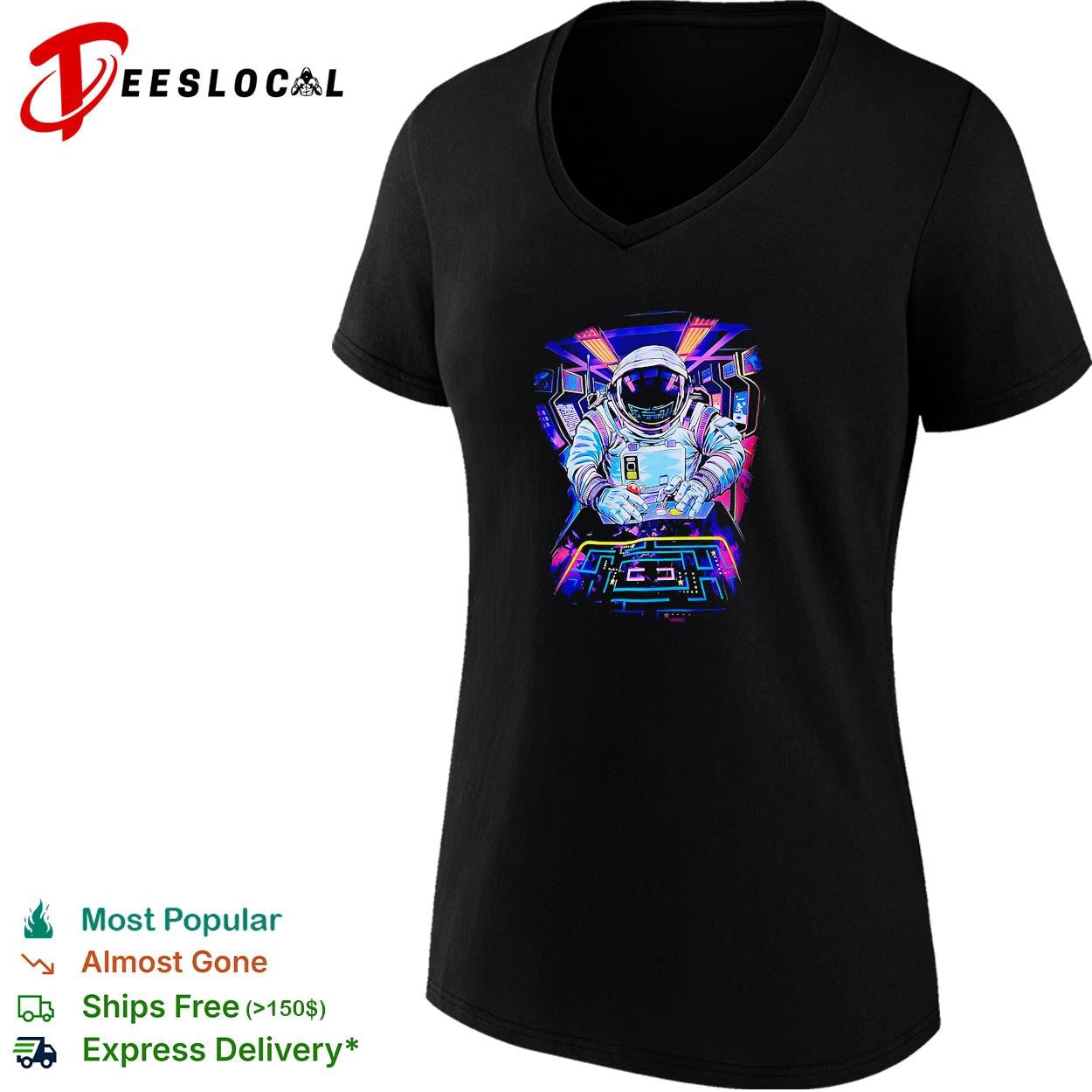 Astronaut playing arcade game neon shirt