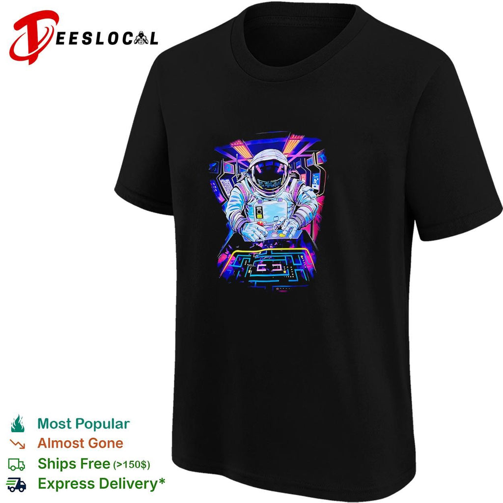 Astronaut playing arcade game neon shirt