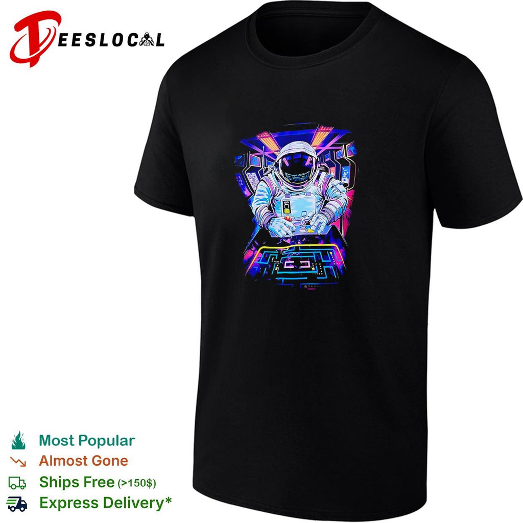 Astronaut playing arcade game neon shirt