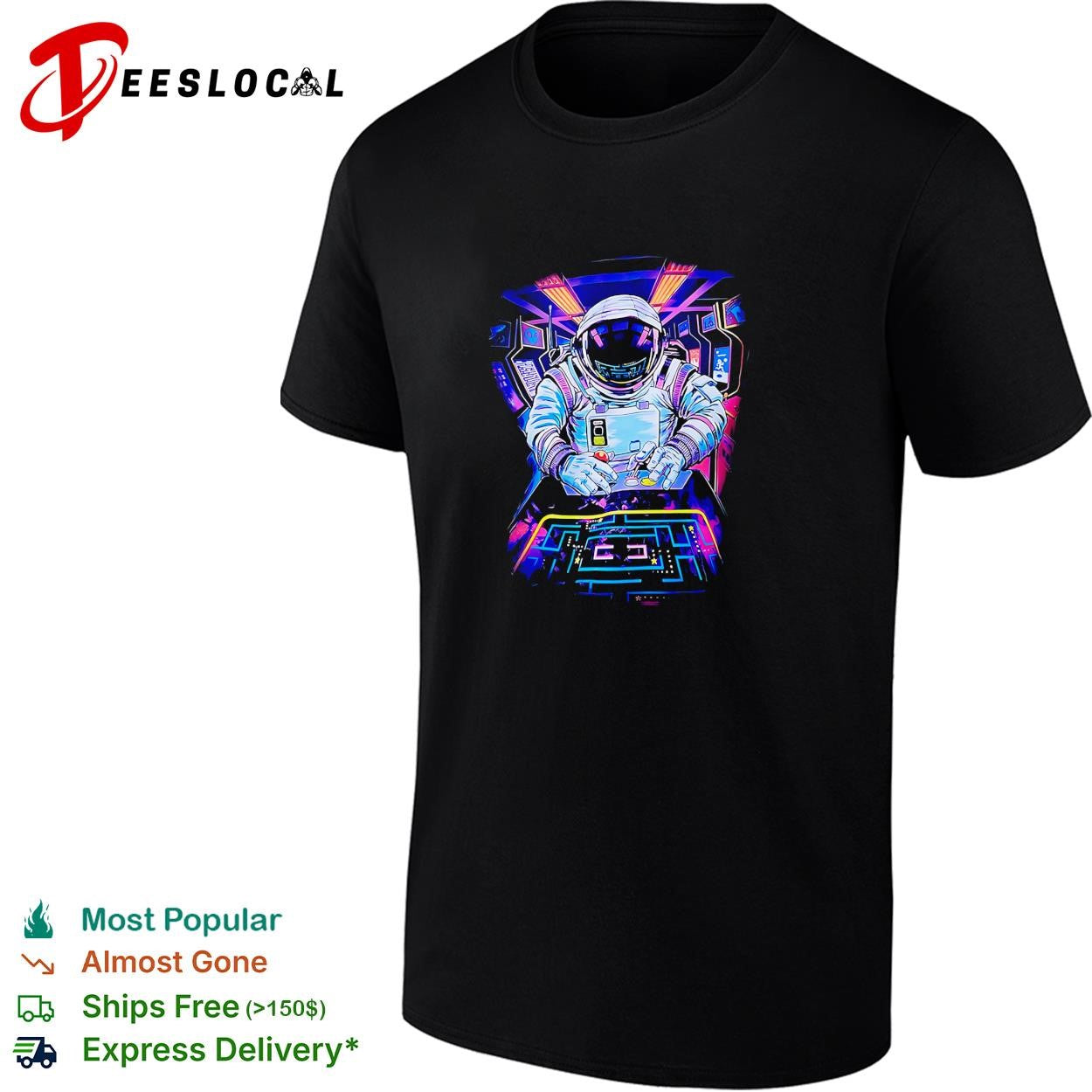 Astronaut playing arcade game neon shirt