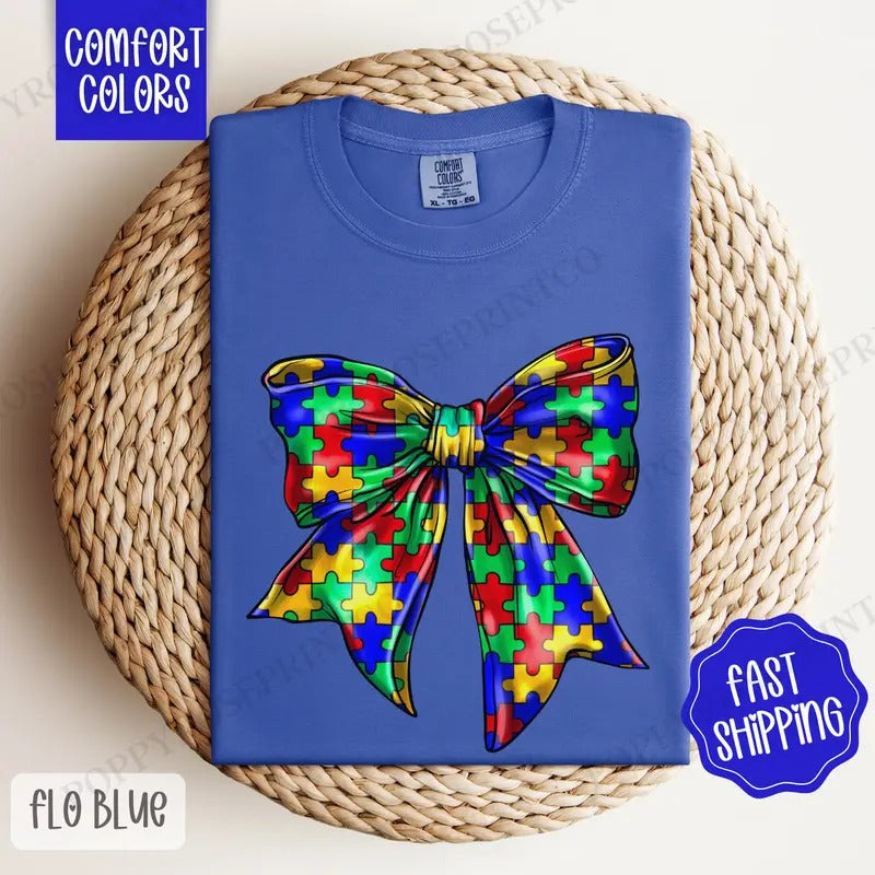 Autism Bow Shirt Comfort Colors, Women's Autism Awareness Tee, Cute Women's Tshirt Hoodie, Sweatshirt | CiraTrend.com