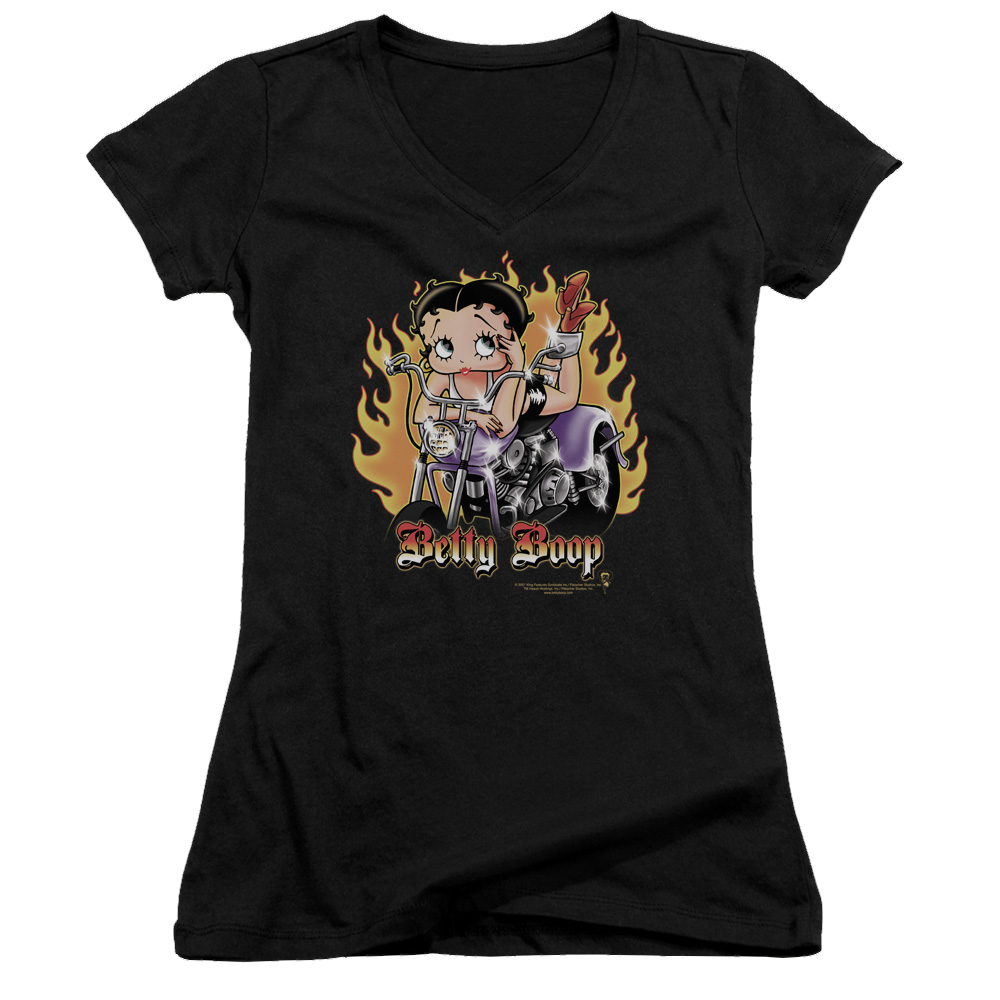 Betty Boop Biker Flames Boop - Juniors V-Neck T-Shirt Hoodie, Sweatshirt | CiraTrend.com