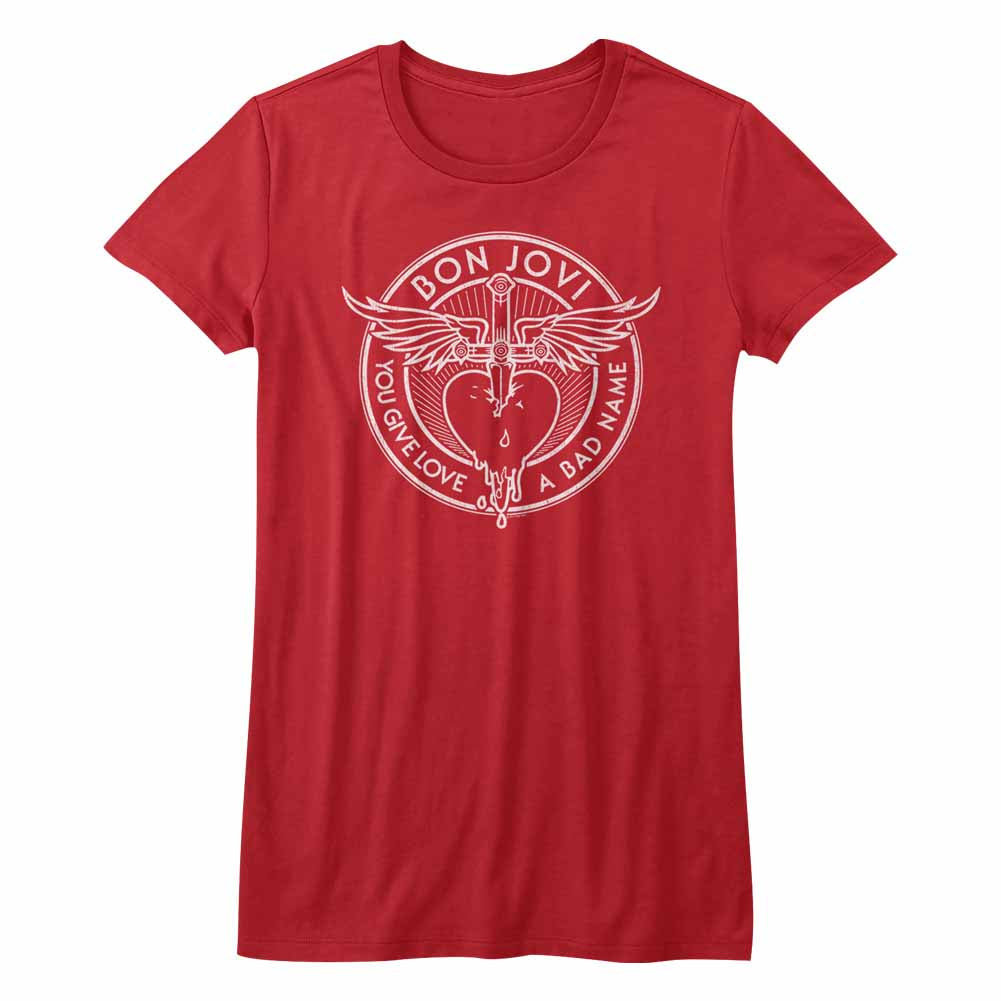 Bon Jovi Girls Juniors S/S T-Shirt - Bad Name - Solid Red Hoodie, Sweatshirt | CiraTrend.com