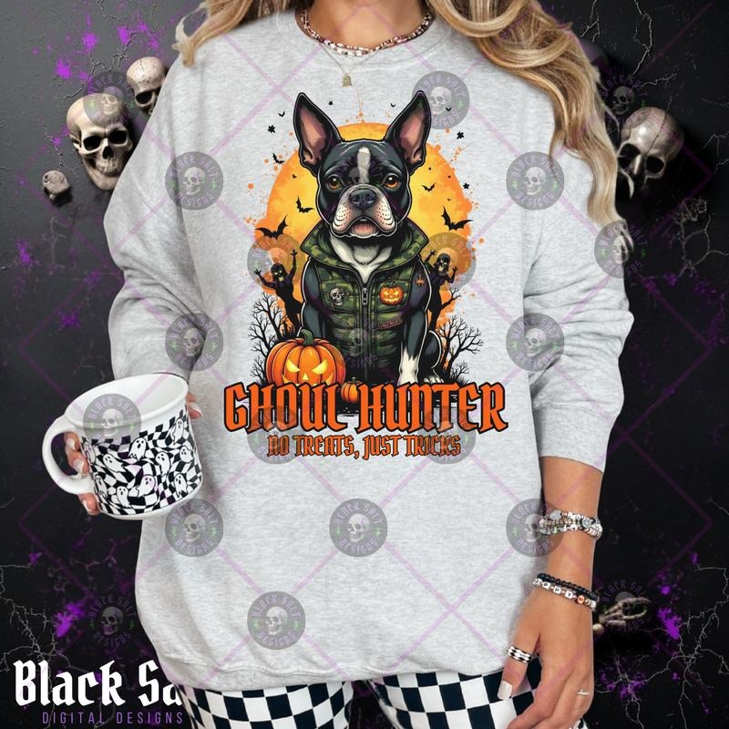 BOSTON TERRIER Ghoul Hunter No Treats Just Tricks Camo Halloween Grunge Skulls Cotton Crewneck Sweatshirt Hoodie Casual...